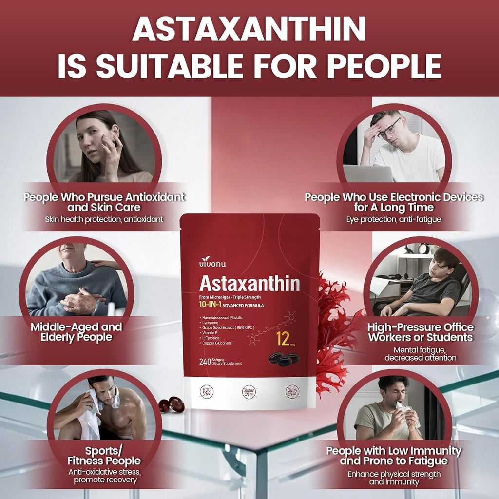10 in 1 Astaxanthin Supplements 12mg, 8 Month Supply, Astaxantina Antioxidant from Fresh Haematococcus Pluvialis, Contains Lycopene, Grape Seed, Vitamin E, More Supports Eye, Joints, Skin Health, 2Bag