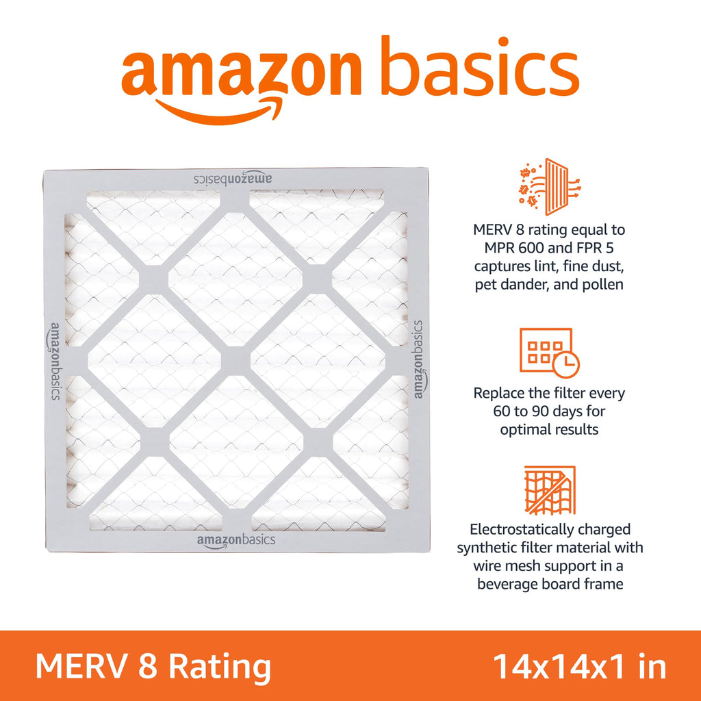 Amazon Basics 14x14x1 Air Filter, MERV 8 AC Furnace Filters, Allergen Control , Electrostatic, Air Cleaning, 6-Pack (Actual Size: 13.75" x 13.75" x 0.75")