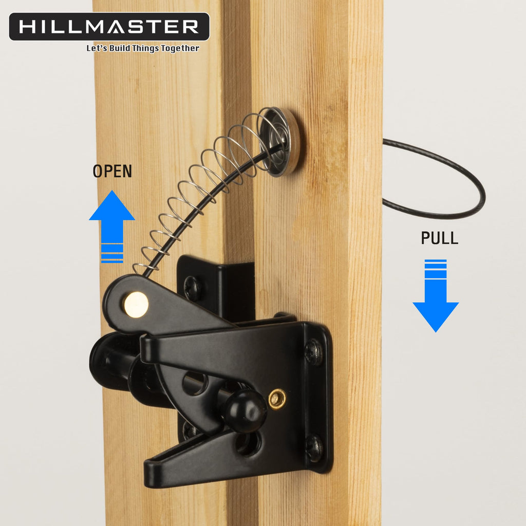HILLMASTER Self Locking Gate Latch for Wooden Fence with Steel Spring Cable Pull,Heavy Duty Gravity Fence Latch for Metal Gates,Vinyl Fence,Gate Hardware Gate Door Lock for Outdoor Pool,Black Finish