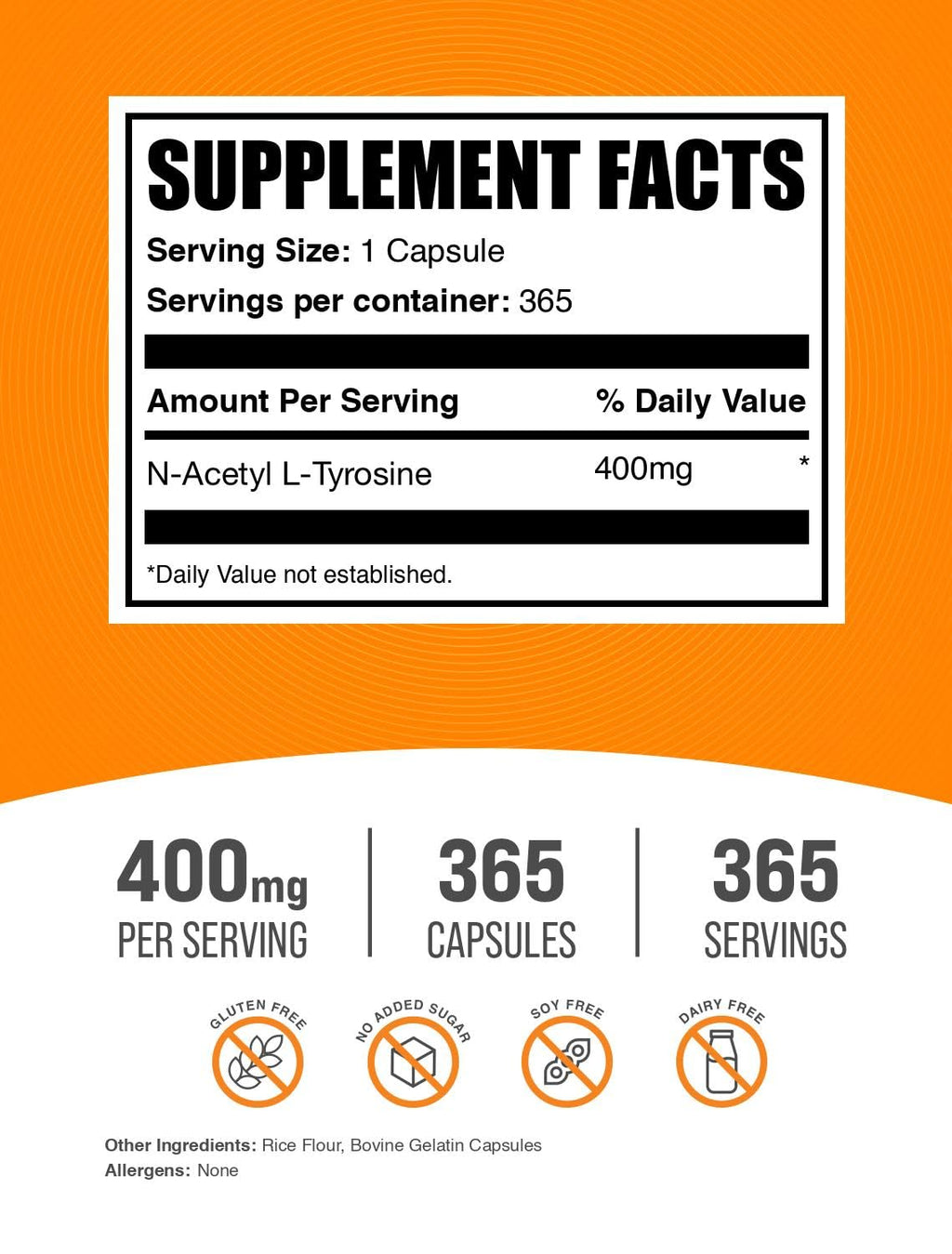 BulkSupplements.com N-Acetyl L-Tyrosine Capsules - Tyrosine Supplement, NALT Capsules, Amino Acid Supplement - Gluten Free, 1 Capsule per Serving, 365 Count (Pack of 1)