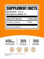 BulkSupplements.com N-Acetyl L-Tyrosine Capsules - Tyrosine Supplement, NALT Capsules, Amino Acid Supplement - Gluten Free, 1 Capsule per Serving, 365 Count (Pack of 1)