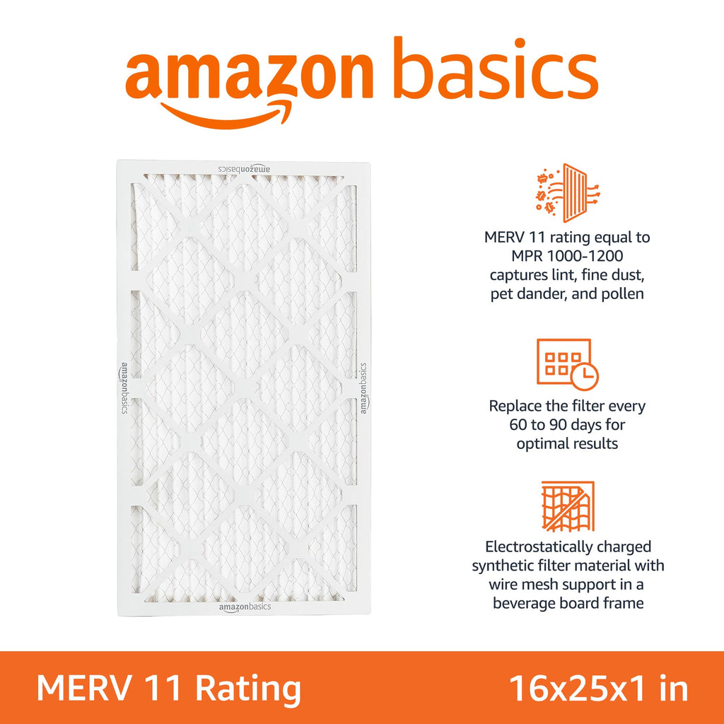 Amazon Basics 16x25x1 Air Filter 6-Pack, MERV 11 AC Furnace Filters, Removes Dust, Pet, Allergen Control , Electrostatic, Removes Lint and Pollen (Actual Size: 15.75" x 24.75" x 0.75")