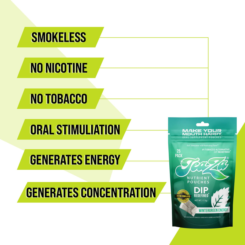 Teaza Herbal Energy Pouches Tobacco Alternative Nicotine Free Dip, Alternative Snuff Healthy Dip Pouches, Wintergreen Energy (2 Pack)