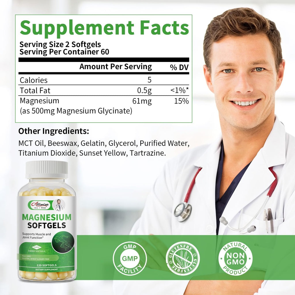Magnesium Glycinate Supplement 500mg, High Absorption Dietary Supplement Softgels for Sleep, Muscle, Heart Support, Gluten Free, Non GMO, 180 Capsules, 90 Day Supply