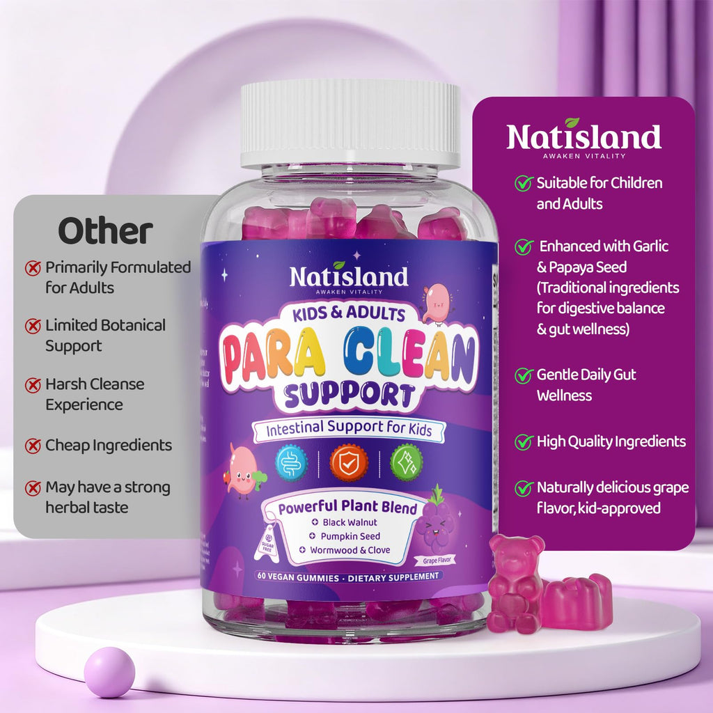 NATISLAND para Cleanse for Humans & Kids, Herbal Gut Health Gummies with Wormwood Black Walnut Clove, Pumpkin Seed & Papaya Seed, Sugar Free, Vegan, Grape Flavor, 60 Gummies