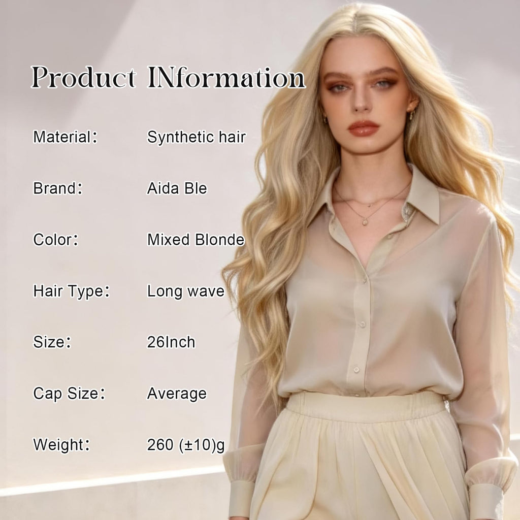 Aida ble Long Wavy Blonde Wig for Women 26 Inch Middle Part Synthetic Wig