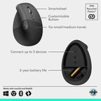 Logitech Lift Vertical Ergonomic Wireless Mouse - Graphite