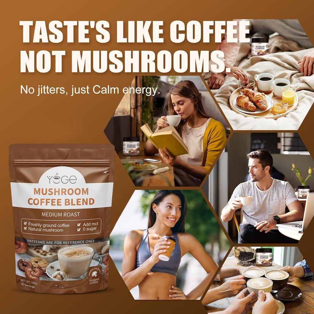 YEGE Mushroom Coffee, 6 Adaptogenic Mushrooms with Cordyceps, Reishi, King Trumpet, Shitake, Turkey Tail, Lions Mane, Instant Coffee Powder for Energy,Focus, Digestion & Immune Support, 30 Servings