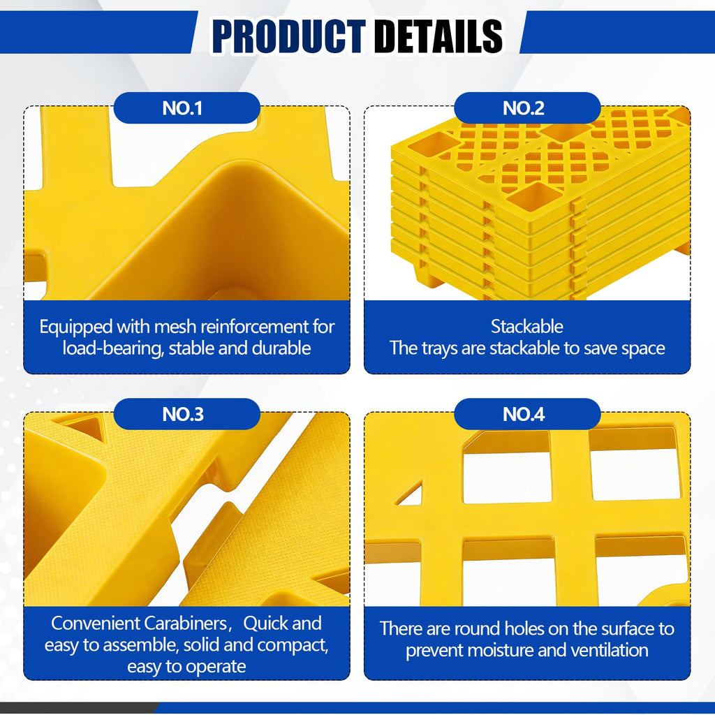 Singhoow 4 Pcs Plastic Pallets for Basement Storage Nestable Moisture Waterproof Lightweight Floor Pallets with Breathable Grid for Indoor Outdoor Supermarket Warehouse (23.6 x 15.8 x 3.9 Inch,Yellow)