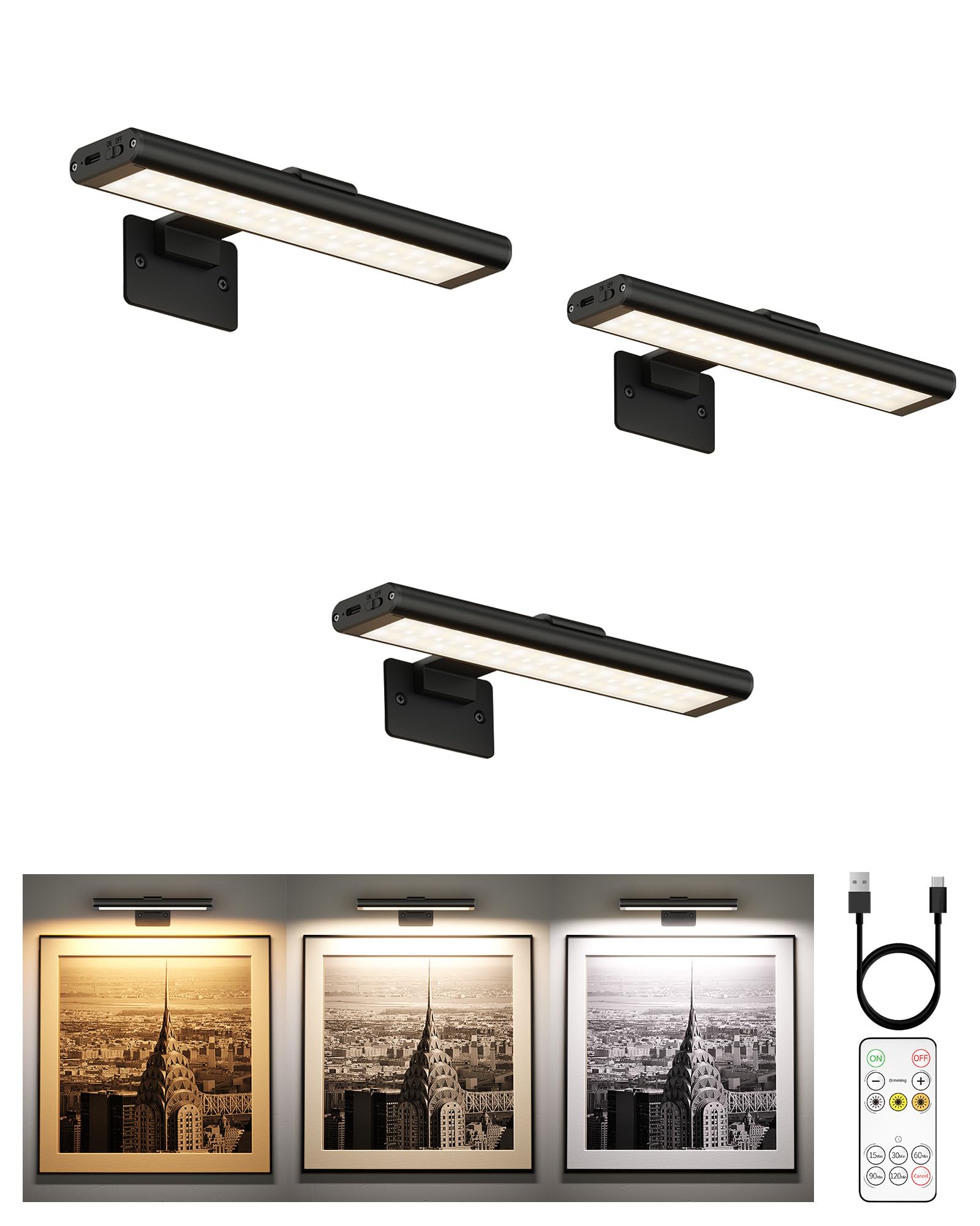EZVALO Picture Light for Wall, Rechargeable 2400mAh Lights Wireless with IR Remote, 3 Color & Dimmable Magnetic 7.8'' LED Lights Display for Painting, Living Room, Gallery, Bedroom(Black-3P)