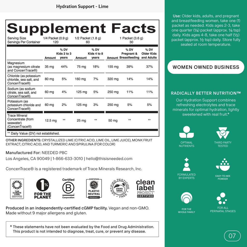 Needed. Hydration Support with Electrolytes & Trace Minerals – Electrolytes for Pregnancy & During Lactation - 30 Hydration Packets Lightly Sweetened with Hint of Lime