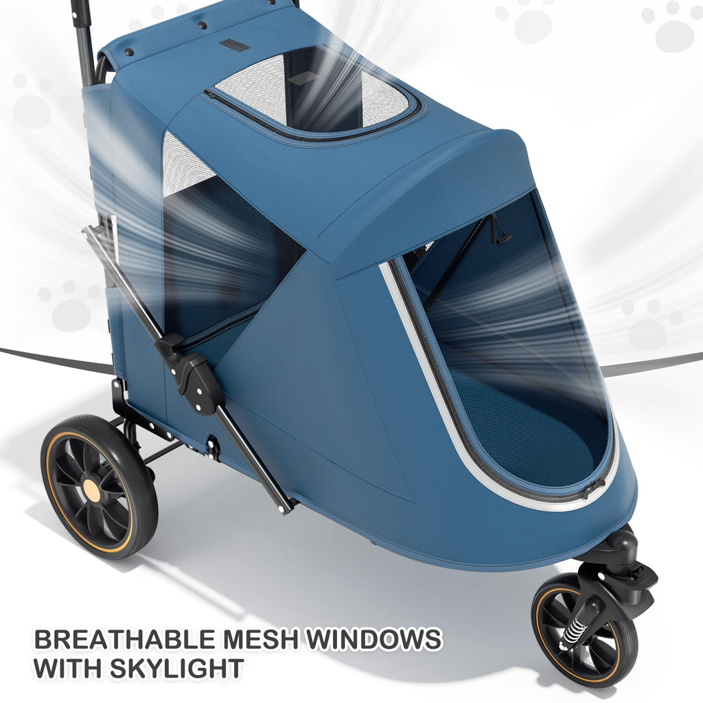 MoNiBloom Pet Stroller for Large Dogs or Multiple Dogs Cats with Adjustable Handle, 3-Wheels Dual Entry Portable Dog Carting Easy Folding Pet Wagon Double Dog Stroller up to 55 lbs, Navy Blue