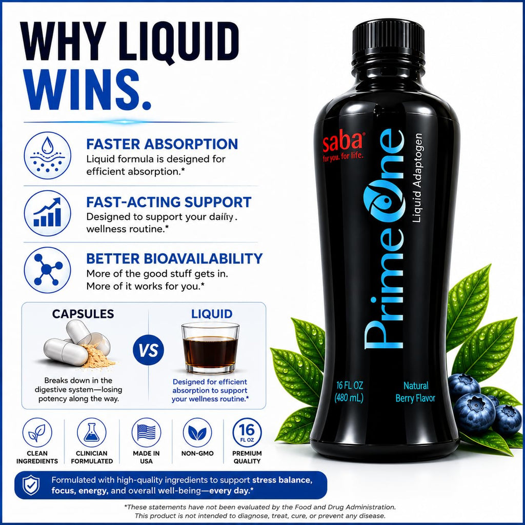 HerbFuse Saba Prime One Liquid Adaptogen Blend with Ashwagandha, Rhodiola, Reishi, Ginseng & Eleuthero - Herbal Supplement, 32 Fl Oz, 63 Servings