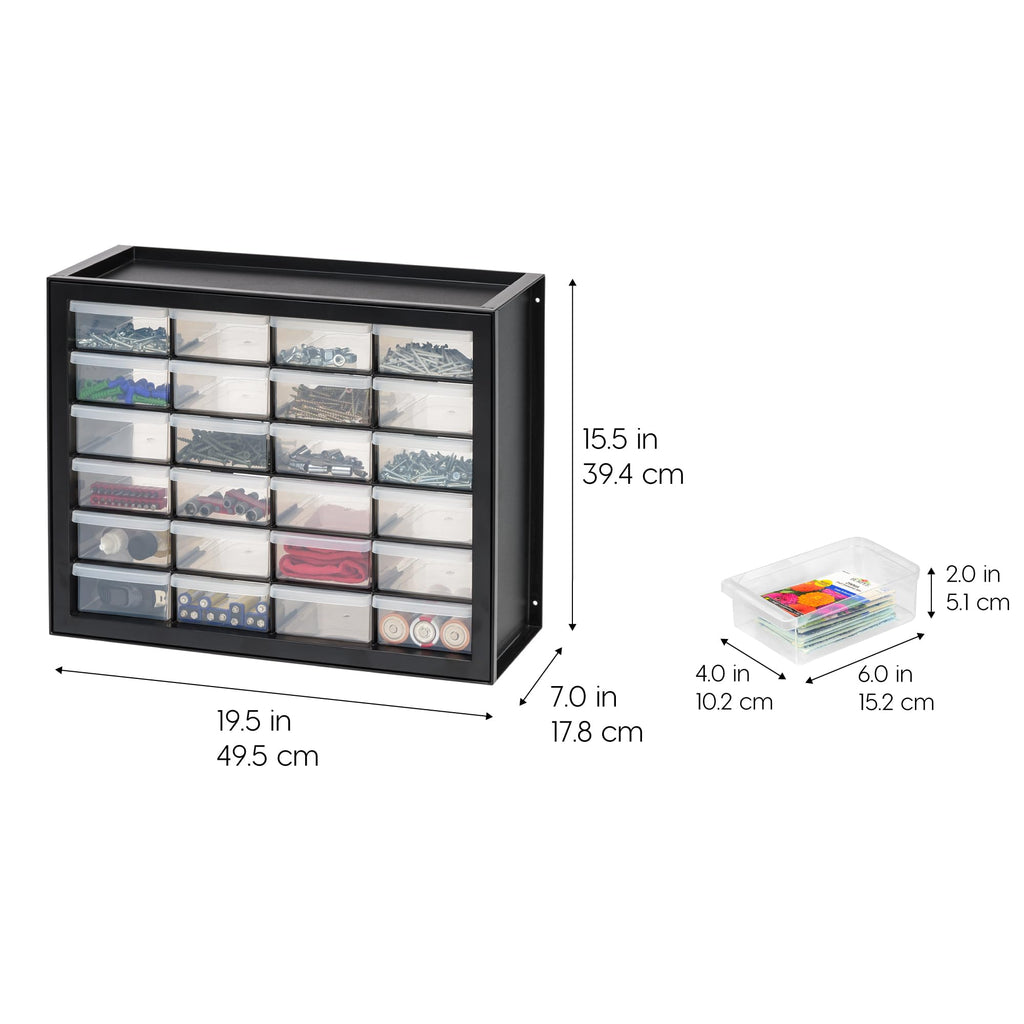 IRIS USA 24-Drawer Plastic Storage Organizer, Made in USA, Teacher Toolbox, Multi Drawer Cabinet For Garage Tools Beads Balloons Building Bricks Crafts Stickers Small Business Scrapbook Art, Black