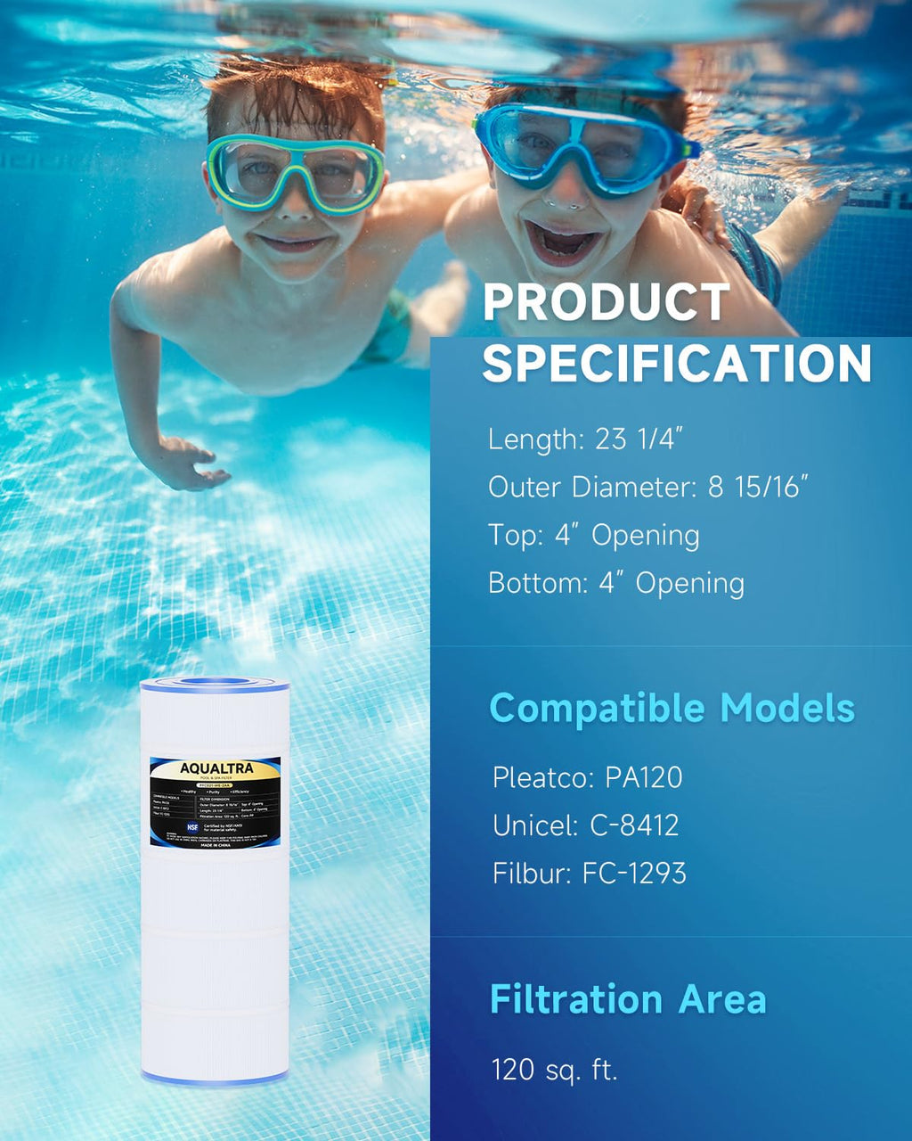 AQUALTRA Pool Filter Cartridge Compatible with C1200, PA120, CX1200RE, C-8412, FC-1293, 120 sq. ft., 23 1/4" x 8 15/16" 2 Pack