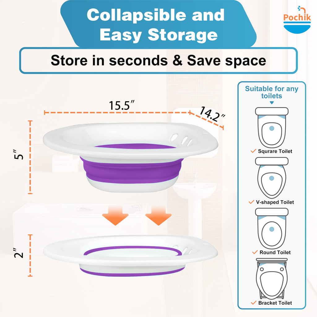 Pochik Sitz Bath for Toilet Seat Hemorrhoids and Postpartum Care, Yoni Steam Seat, Perineal Soaking, Collapsible, Flusher Hose, Drain Holes, Wider Seating Area - Purple