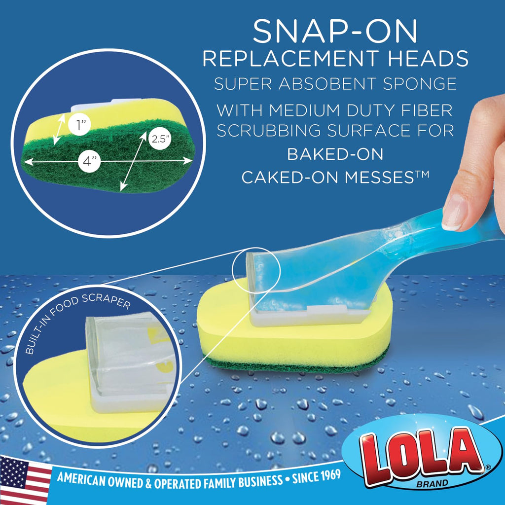 LOLA Dish Brush w/Soap Dispenser Wand, 12 Brushes w/Heads & 72 Refills, Absorbent Sponge Scrubber, No Leaking. Clean Dishes, Sinks and Cookware