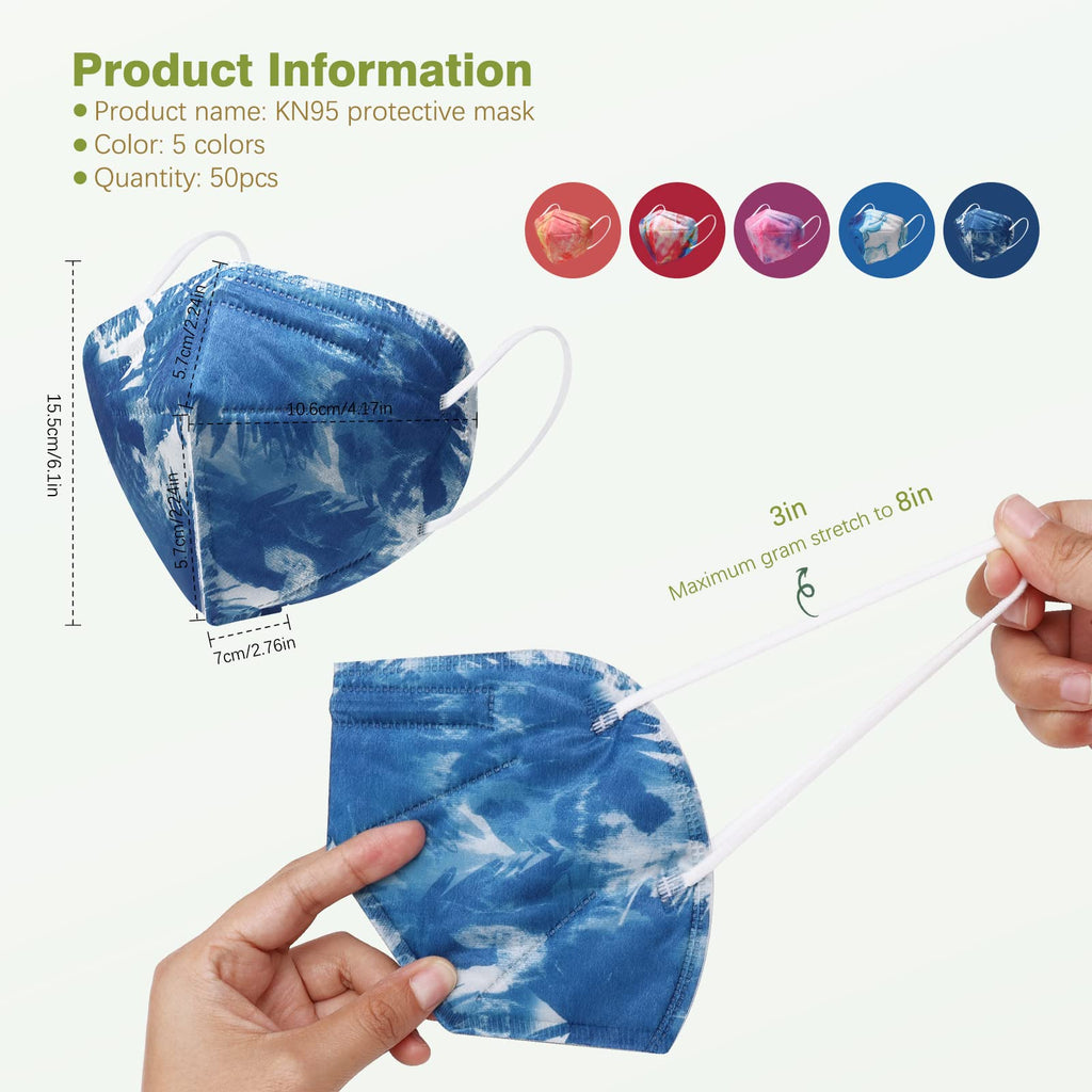 Wecolor KN95 Face Masks 50 Pack 5-Ply Breathable Safety Respirator Multicolor Cup Dust Disposable KN95 Mask