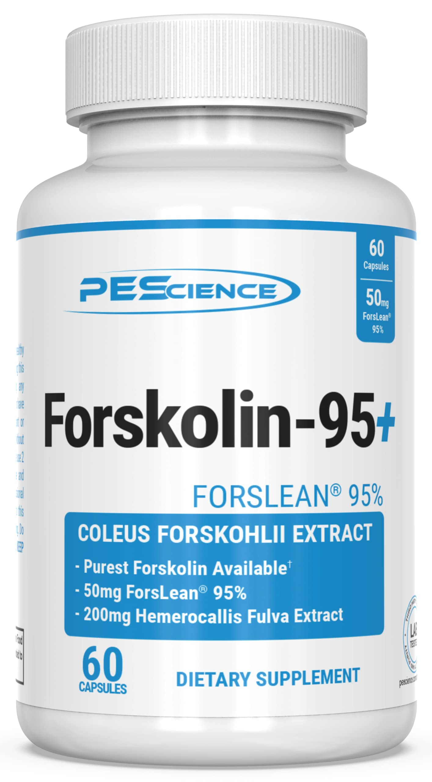 PEScience Forskolin-95+ Capsules, 95% Pure Forskolin from Coleus Forskohlii Extract with Hemerocallis Fulva Extract, Patented ForsLean, 50mg, 60 Count