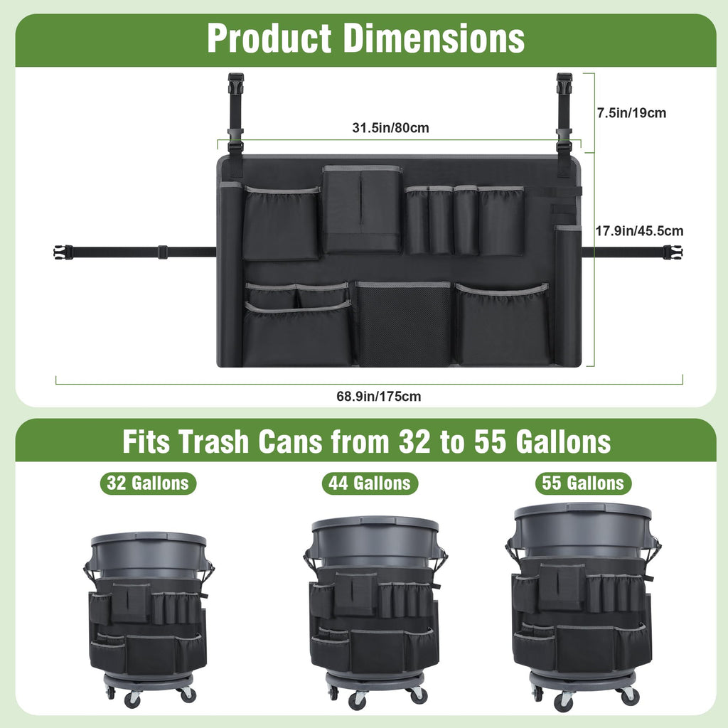 Trash Can Caddy Bags Fit 32-55 Gallon Garbage Bins, Garbage Bin Caddy Bag Organizer with Multi-Pockets, Organizer For Cleaning, Maid, & Janitorial Duty, Cleaning Caddy Bag Only