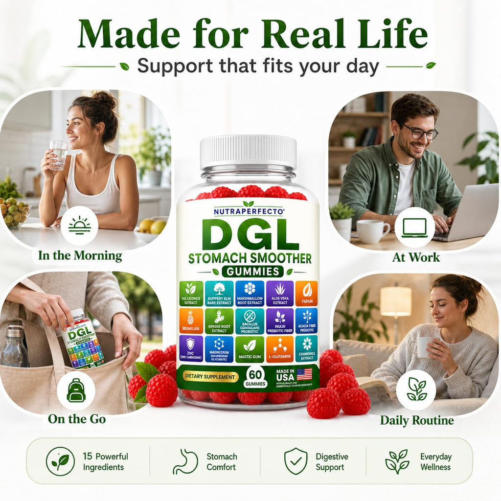 Sugar Free DGL Stomach Smoother Gummies with DGL Licorice, Slippery Elm, Marshmallow Root, Aloe Vera, Probiotic & Prebiotic Fiber, Ginger, Mastic Gum, L-Glutamine, Zinc Carnosine, Digestive Support