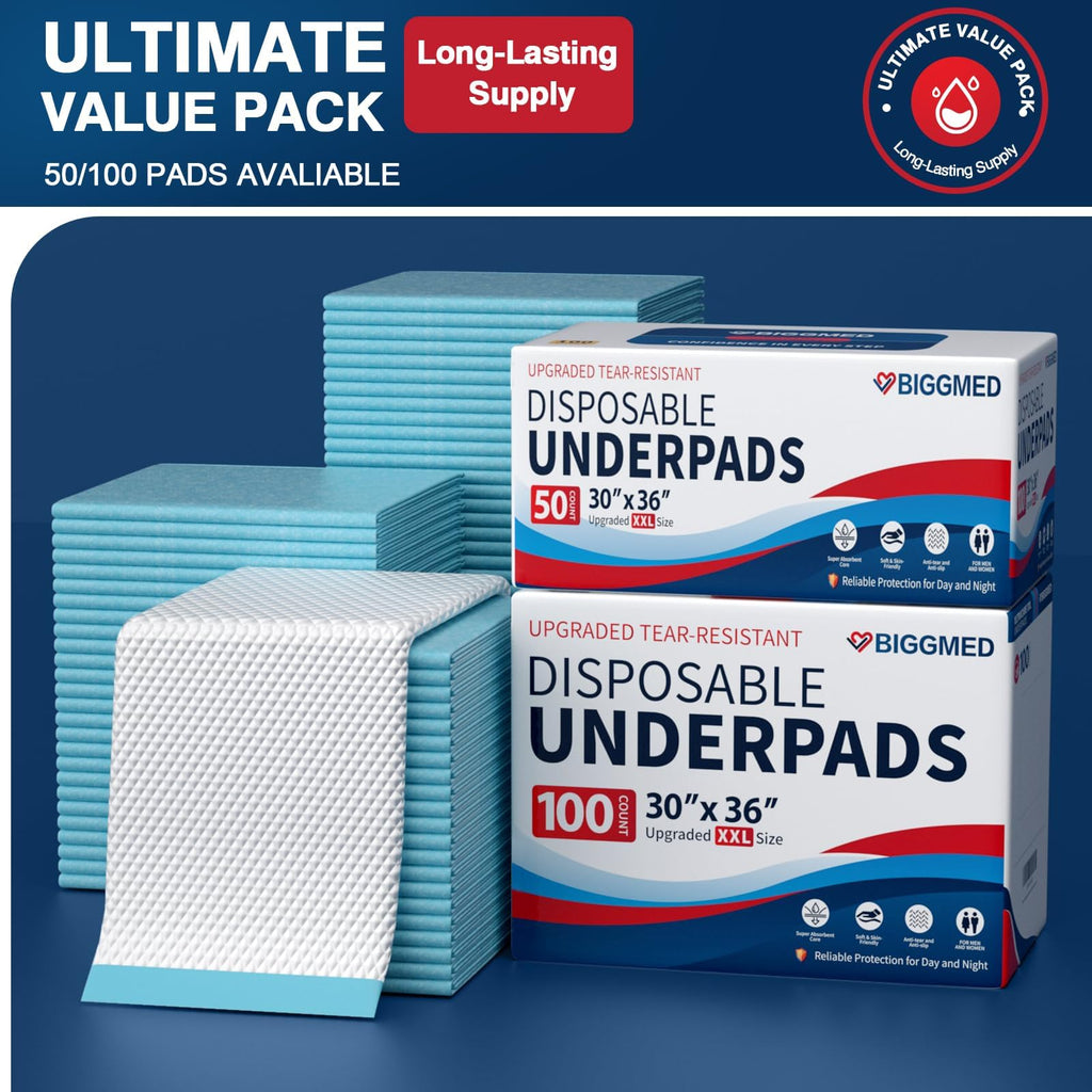 BIGGMED Tear-Resistant Disposable Bed Pads 30" x 36", 50 Count Absorbent Underpads, Chux Thicker Extra Large Incontinence Bed Pads, Pee Pads for Adults, Kids, Elderly, Pets