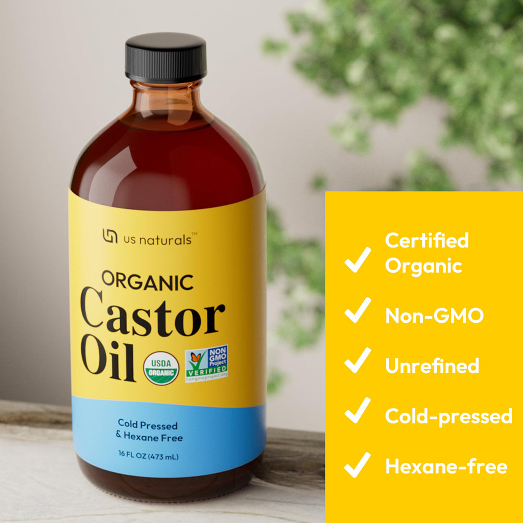Us Naturals 16oz Organic Castor Oil – Glass Bottle – USDA Certified Organic & Non-GMO – 100% Pure, Cold-pressed, Unrefined, Hexane-free – Premium Glow-Boosting Oil for Skin, Hair, Lashes, Nails & More