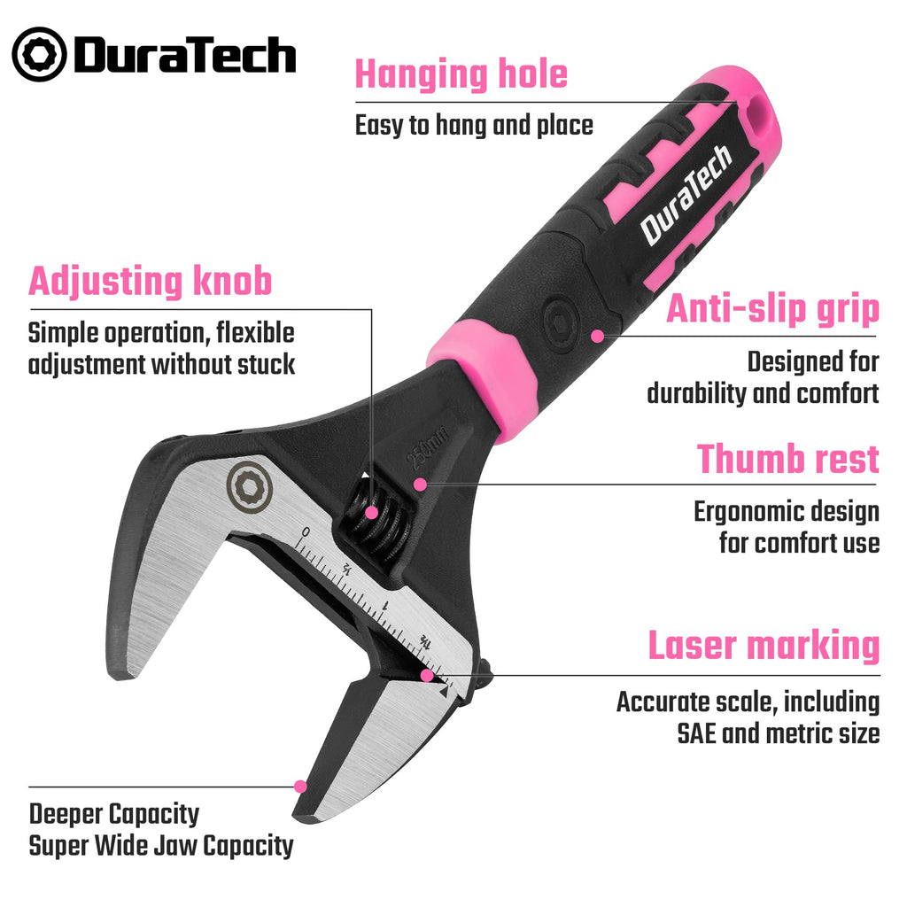 DURATECH 10-Inch Adjustable Wrench, Wide Jaw Opening Plumbing Wrench, CR-V Steel, SAE and Metric Scale Marked, Ergonomic Grip