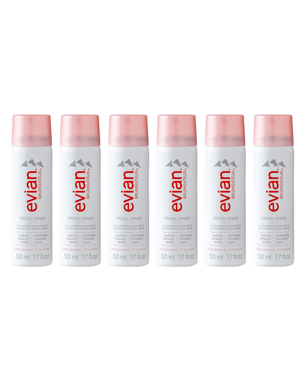 Evian Facial Spray 1.7 oz Travel 6-Pack - Hydrating Mineral Water Mist for Face & Skin - Refreshes Makeup and Tones Skin - TSA-Approved Mini Facial Spray Set for Daily Skincare Hydration