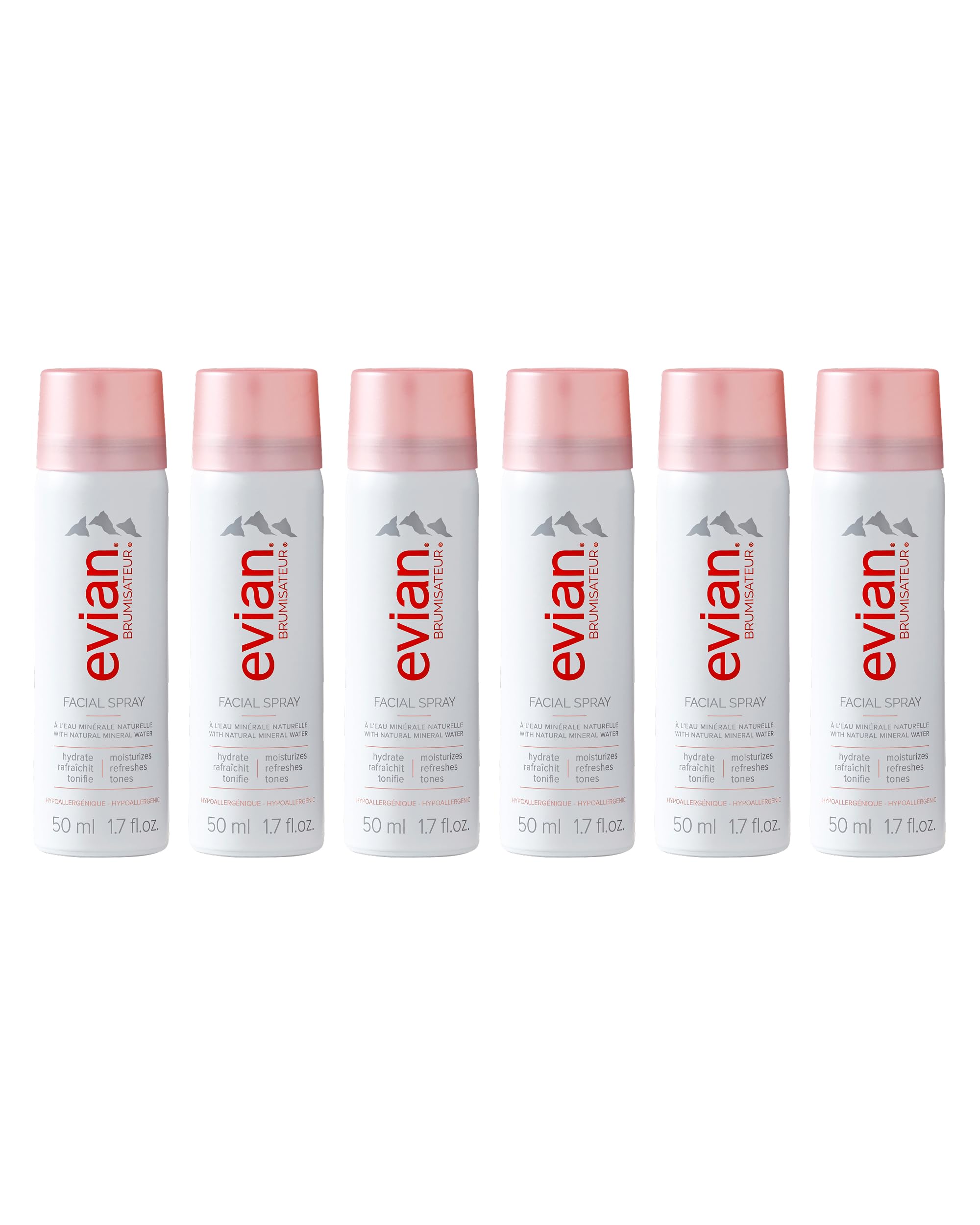 Evian Facial Spray 1.7 oz Travel 6-Pack - Hydrating Mineral Water Mist for Face & Skin - Refreshes Makeup and Tones Skin - TSA-Approved Mini Facial Spray Set for Daily Skincare Hydration