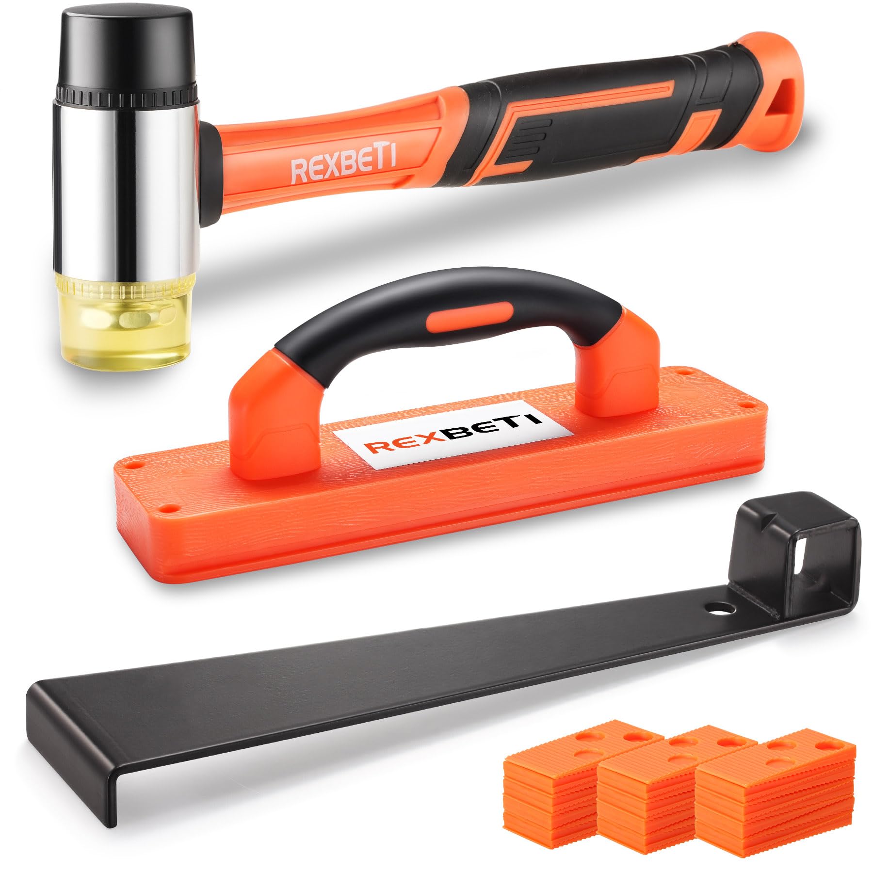REXBETI 43-Piece Upgraded Laminate Flooring Tools, Wood Flooring Installation Kit, Solid Tapping Block with Handle, Durable Pull Bar, Diameter 1 3/8" Reinforced Double-Faced Mallet, 40 Spacers