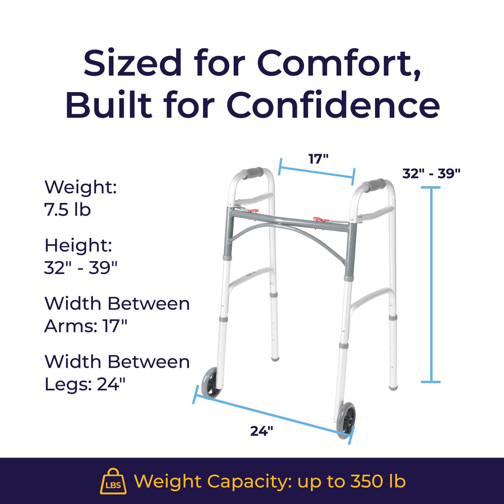 Drive Medical Two-Button Folding Walker w/ Wheels - Lightweight Rolling Mobility Support - Desk Arms - Adjustable Height - Dual Push Operation - 5 Inch Front Wheels - Durable Aluminum - Silver