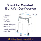 Drive Medical Two-Button Folding Walker w/ Wheels - Lightweight Rolling Mobility Support - Desk Arms - Adjustable Height - Dual Push Operation - 5 Inch Front Wheels - Durable Aluminum - Silver