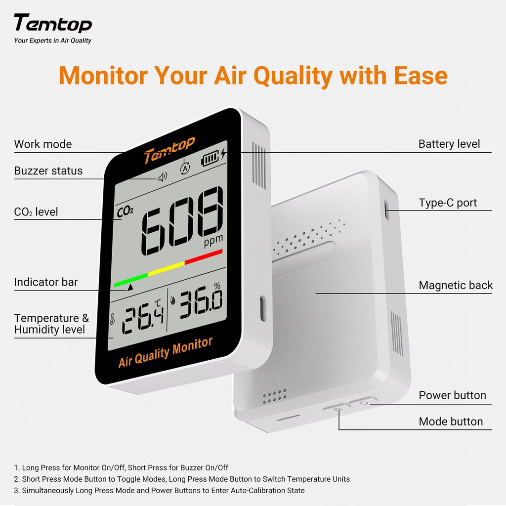 Temtop CO2 Monitor Indoor air Quality Monitor Portable CO2 Meter, CO2, Temperature, Humidity Home, Office or School
