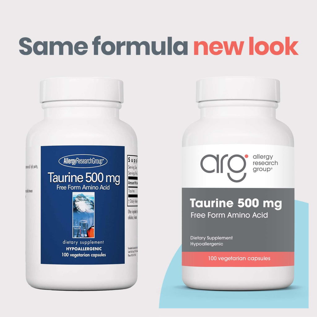 Allergy Research Group ARG Taurine 500 mg - Free Form Amino Acid Supplement - Heart & Electrolyte Support - Cellular Energy & Nervous System - Hypoallergenic - 100 Servings - 100 Capsules