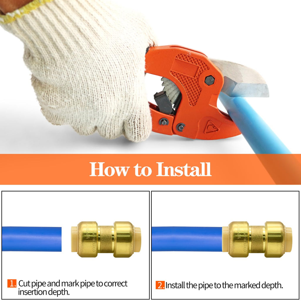 2 Pack Push-to-Connect Plumbing Fittings, 1/2" Pushfit Straight Fittings with Disconnect Clip for Copper, PEX, CPVC Pipe