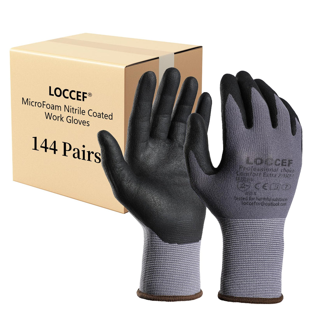 LOCCEF Safety Work Gloves MicroFoam Nitrile Coated-144 Pairs,Seamless Knit Nylon Gloves,Home Improvement,Micro-Foam Gloves（144P 8/M）