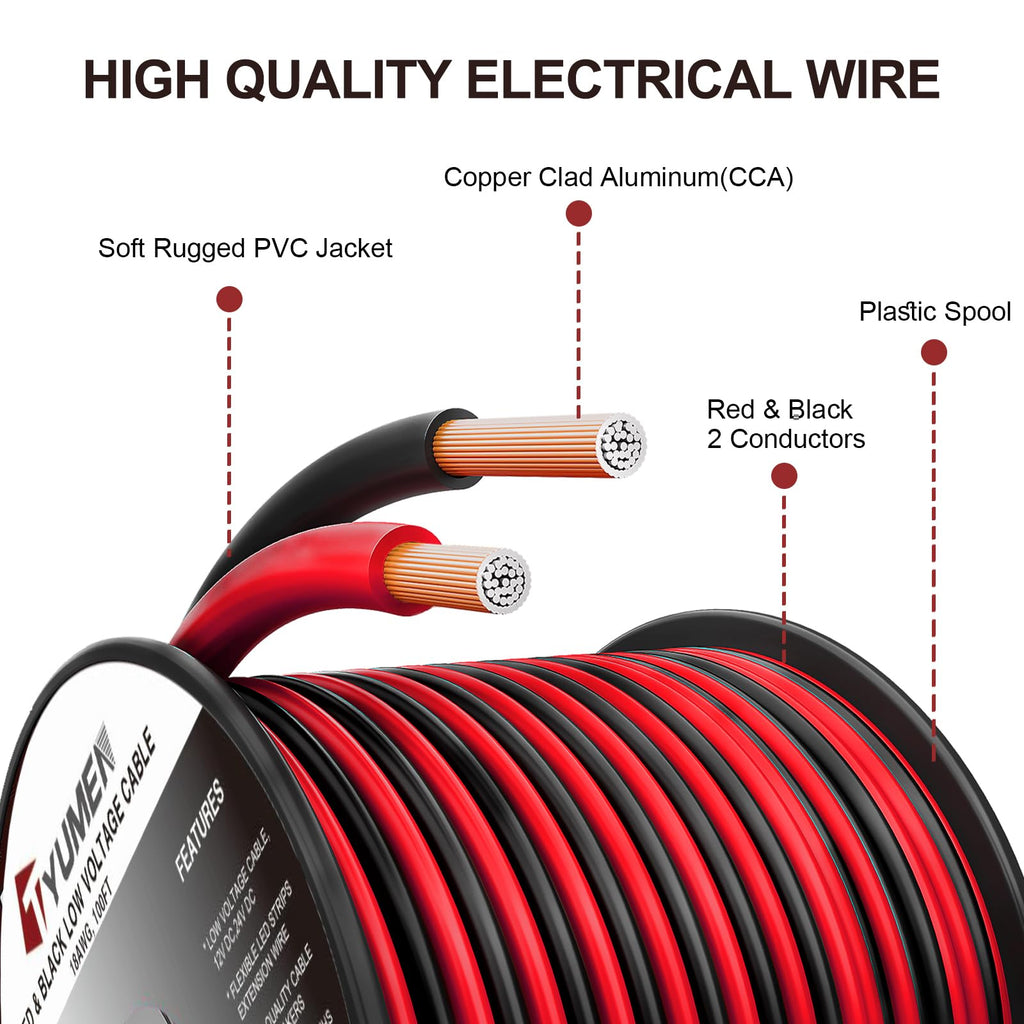 TYUMEN 12 Gauge Red Black Wire 50FT, 12/2 AWG Electrical Wire 12V/24V DC Cable, 12AWG 2 Conductor Flexible Copper Claded Aluminum Extension Cord for LED Ribbon Lamp Tape Lighting, in-Home, Autos Use