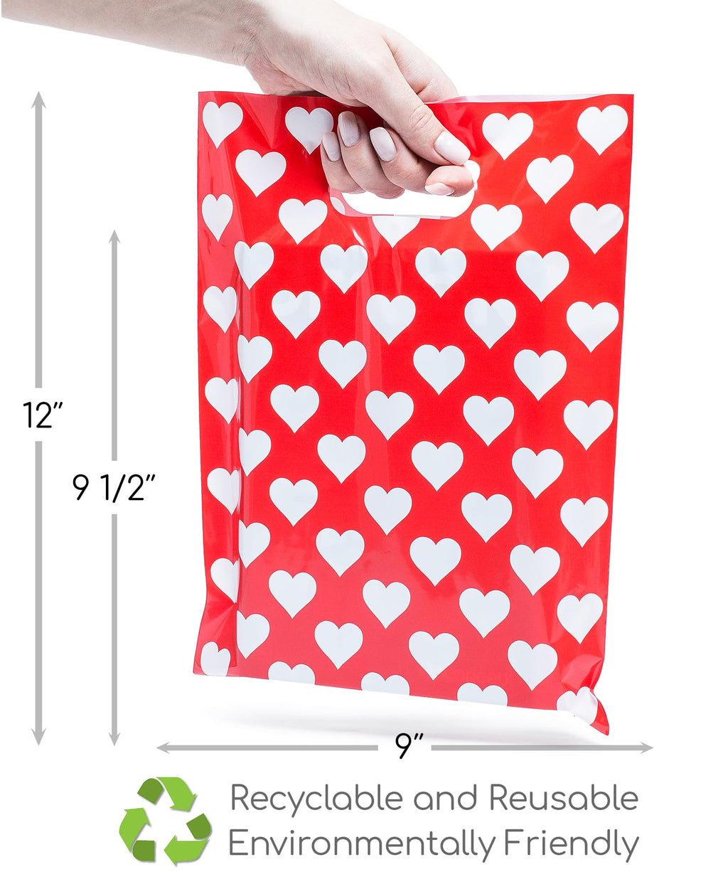 Choice Marts Red Merchandise Bags With White Hearts 100 Count 9"x12" Size 1.5Mil Thick Glossy Valentine Bags
