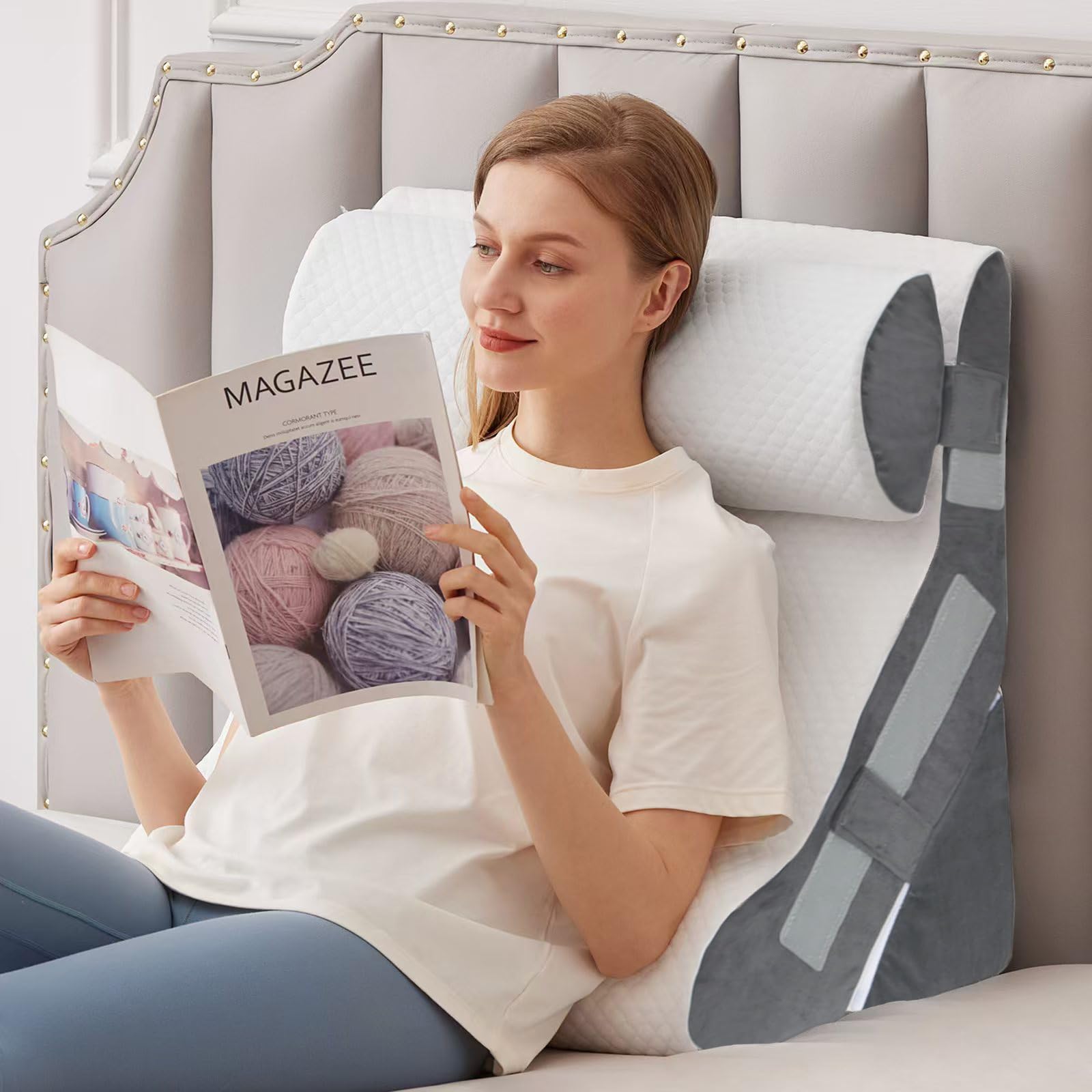 MEGCXIT 3PCS Bed Wedge Pillow for Headboard, Adjustable Wedge Pillow for Sleep Apnea, 23” Wide Triangle Pillow Wedge Set for After Surgery, Acid Reflux Relief, Snoring, Neck&Back Support, White/Grey