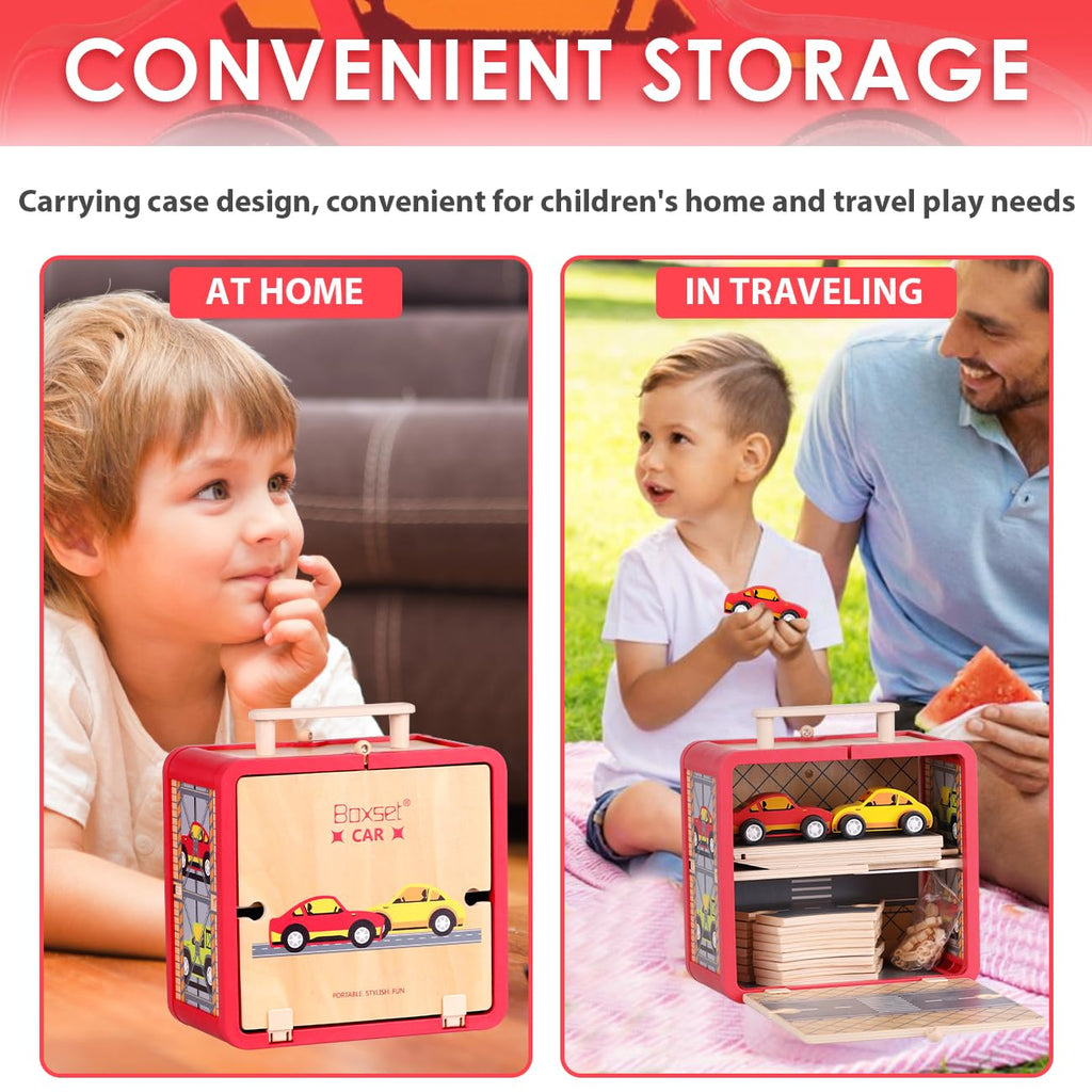 UDEAS Wooden Toy Car Set for Toddlers, Car Track and Parking Garage Playset, Toy Vehivle Set with Blocks Storage Box for Kids Boys and Girls