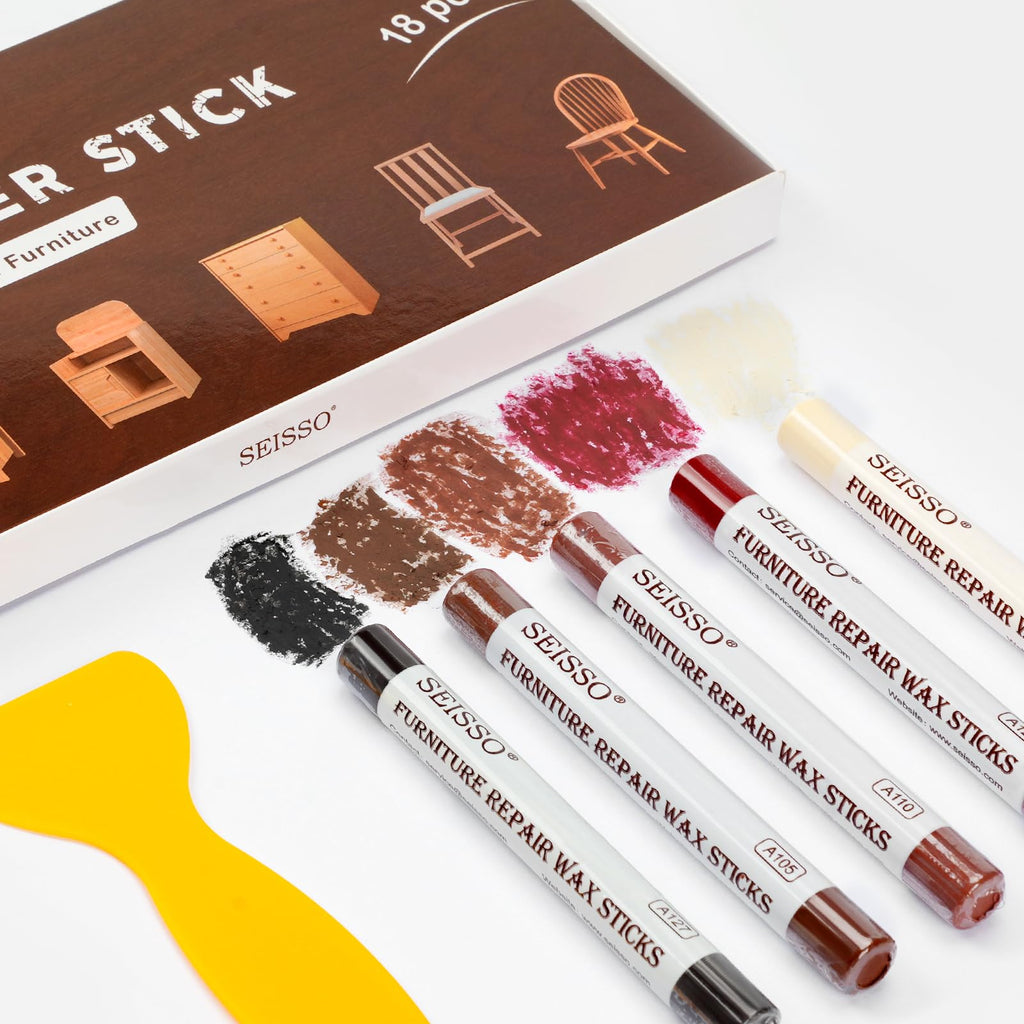 Wood Filler Sticks, 18 Colors Wood Wax Crayons, SEISSO Furniture Repair Scratch Wax Stick Pen kit for Touch Ups Scratches, Scuffs, Cracks, Nail Holes of Hardwood Floors, Cabinets, Tables, Doors