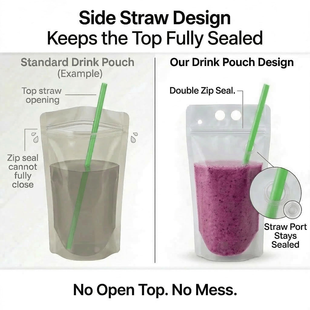 C CRYSTAL LEMON 100PCS Drink Pouches with Side Straw Port, Resealable Drink Bag Set with Straws & Funnel, 17oz Clear Beverage Pouches for Juice, Smoothies, Cocktails & Slushies