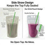 C CRYSTAL LEMON 100PCS Drink Pouches with Side Straw Port, Resealable Drink Bag Set with Straws & Funnel, 17oz Clear Beverage Pouches for Juice, Smoothies, Cocktails & Slushies