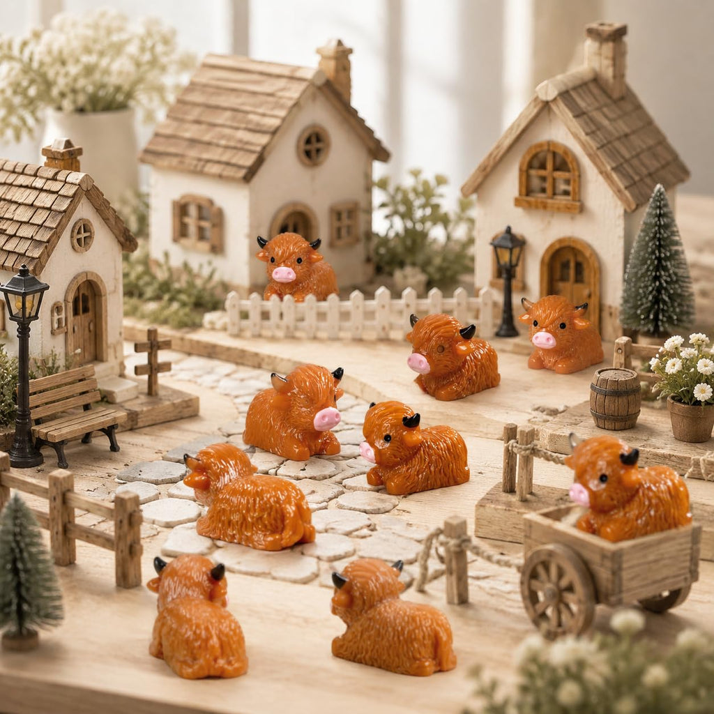 Teenzee 50 Pcs Mini Highland Cow Figurines Bulk Mini Cow Figurines Cake Decorations Cute Miniature Resin Sculpture Ornament Micro Landscape Office Garden Desk Party Tabletop Decor