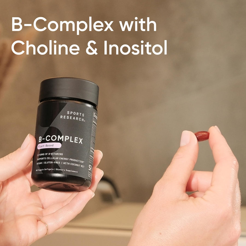 Sports Research® Vitamin B-Complex - Full Spectrum of B Vitamins with Methylated B12 & Folate - Gluten Free · Plant-Based · Non-GMO · Vegan-Friendly Formula - 120 Veggie Softgels