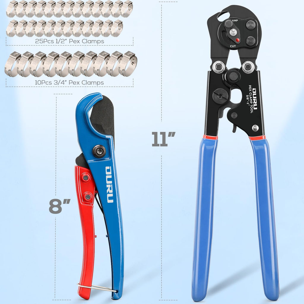OURU 2 IN 1 Ratchet Pex Crimping Tool Cinch and Remove Combo Function Pex Pipe Crimp Tool from 3/8" to 1" Pex Crimper with Pex Cutter and Stainless Steel Pex Clamps 1/2" 25PCS,3/4" 10PCS