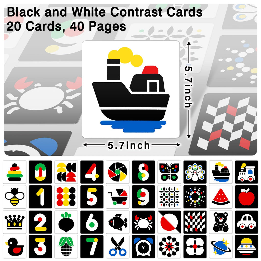 High Contrast Baby Flashcards, Black White Baby Cards with Red Yellow Blue Newborn Toys for Infants Visual Stimulation Brain Sensory Development 20 Pcs 40 Pages 5.7'' x 5.7''(3-6 Months)