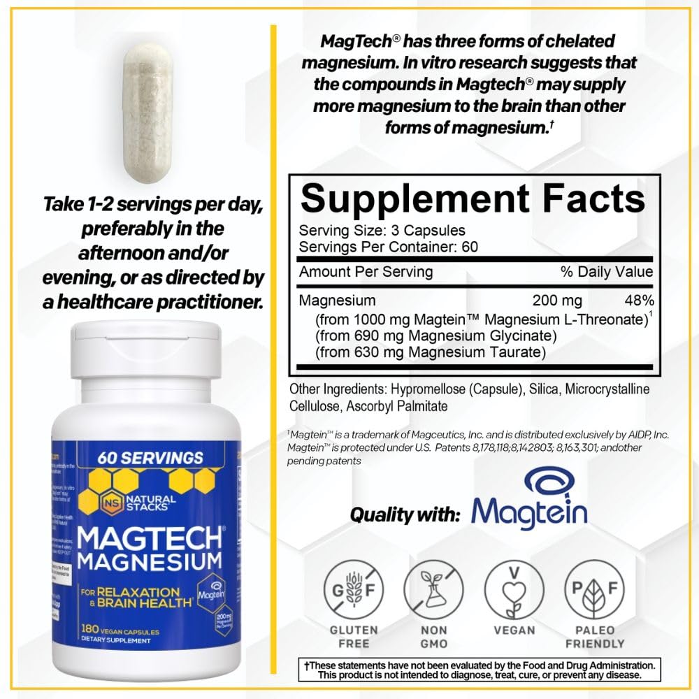 MagTech Magnesium Supplement - 3 Forms of Magnesium: Magtein L-Threonate, Glycinate & Taurate - 200mg Chelated Magnesium Complex - Supports Relaxation & Brain Health - 180 Capsules