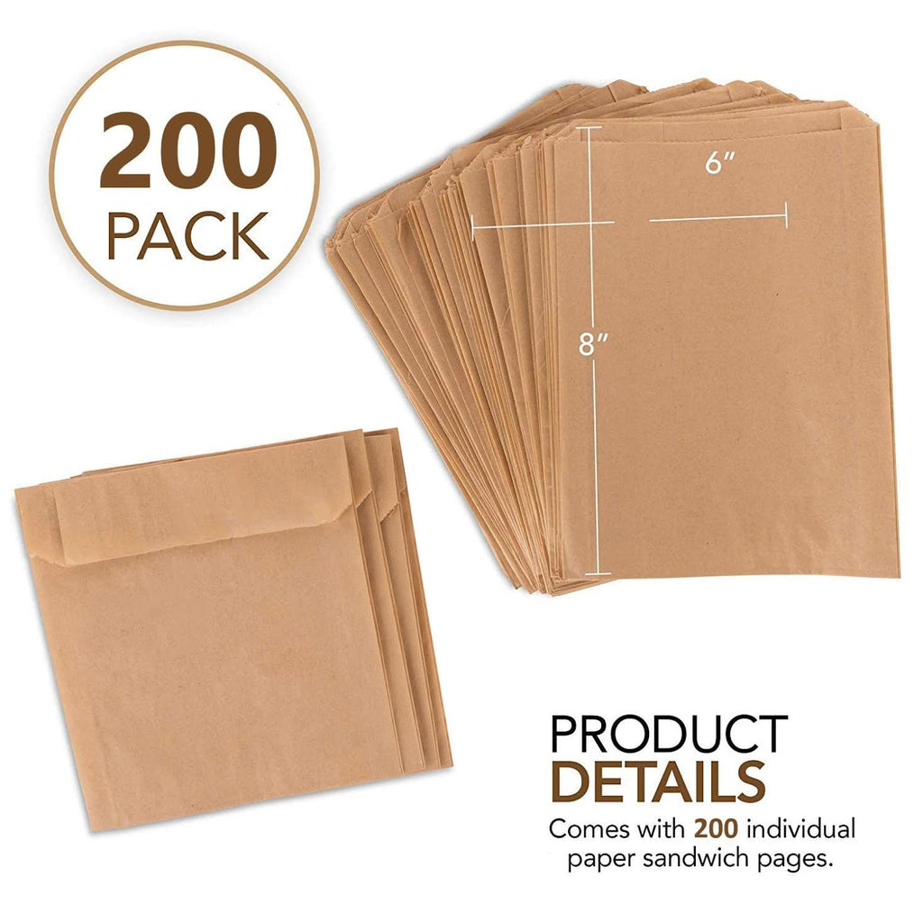 Paper Sandwich Bags Kraft Brown (200 Pack), Food Grade Unbleached Kraft Paper for Bakery, Cookies, Treats, Snacks, Sandwiches